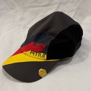 La Sportiva Steam Cap Black Mesh Running Hat with Red and Yellow Design